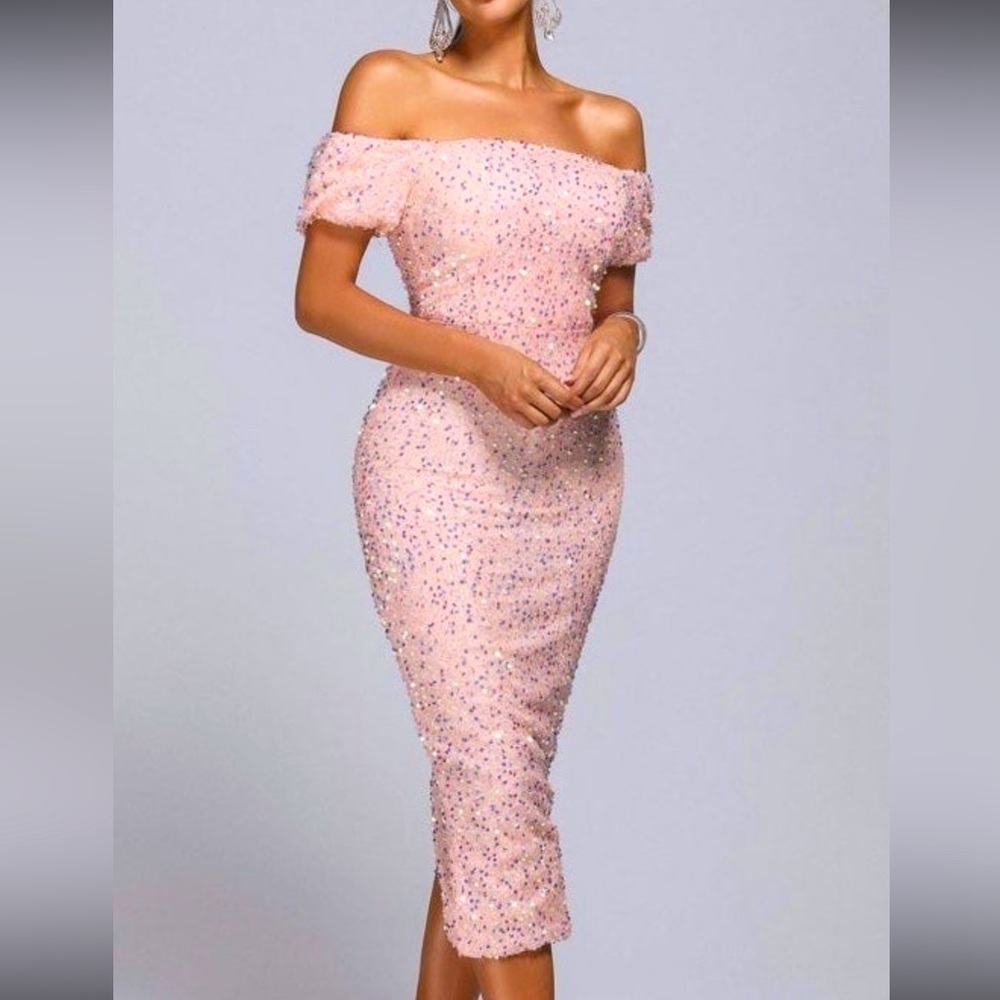 Bella Barnett Pink Sequin Midi Dress Large Off the shoulder bodycon